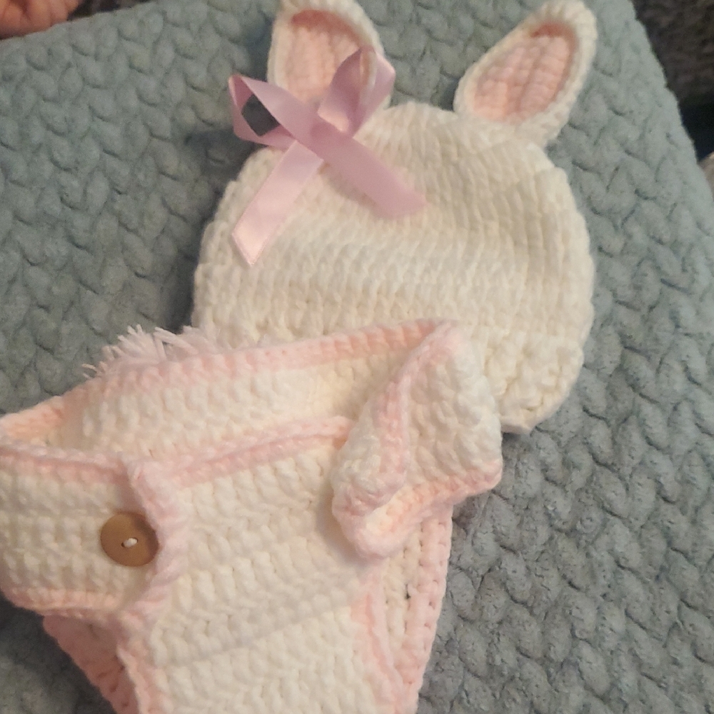 Adorable White and Pink Bunny Ear Hat and Diaper Cover Set